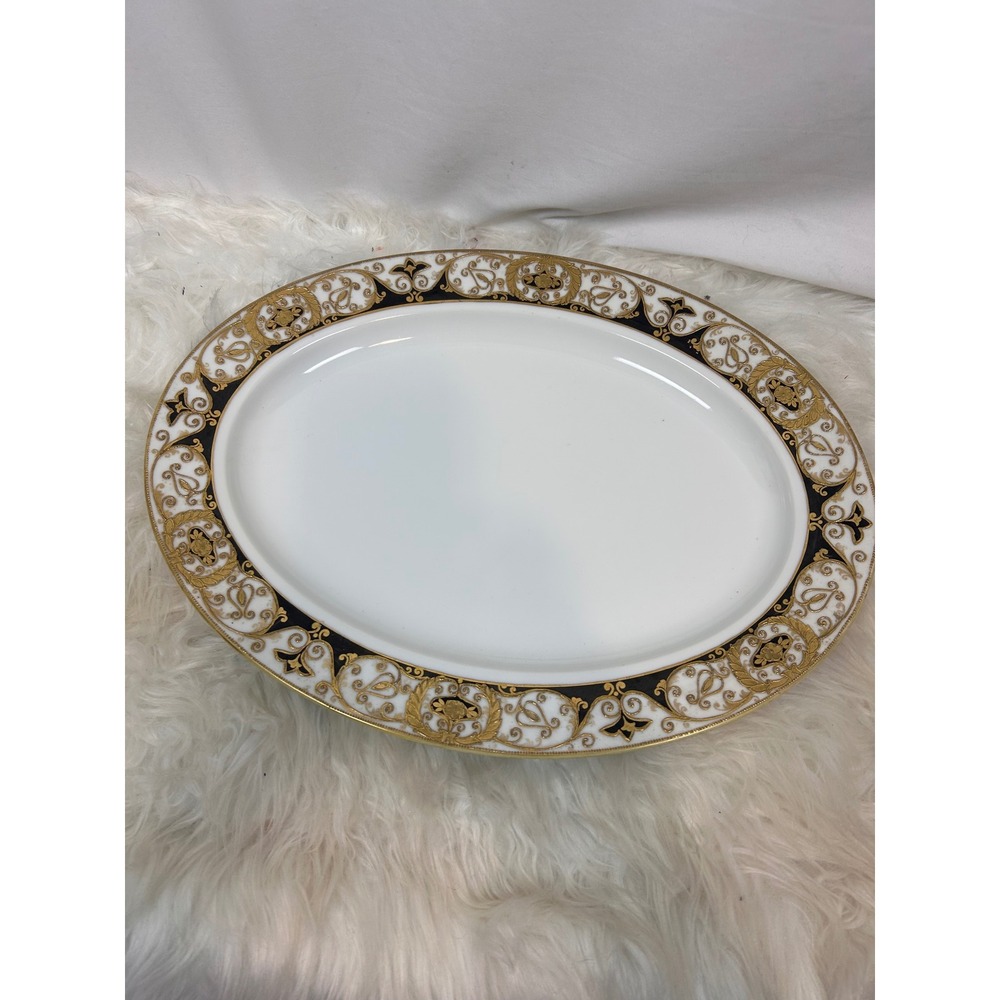 Noritake Hand Painted Oval Turkey Platter Gold Encrusted Black 16‎ Inch No 20056